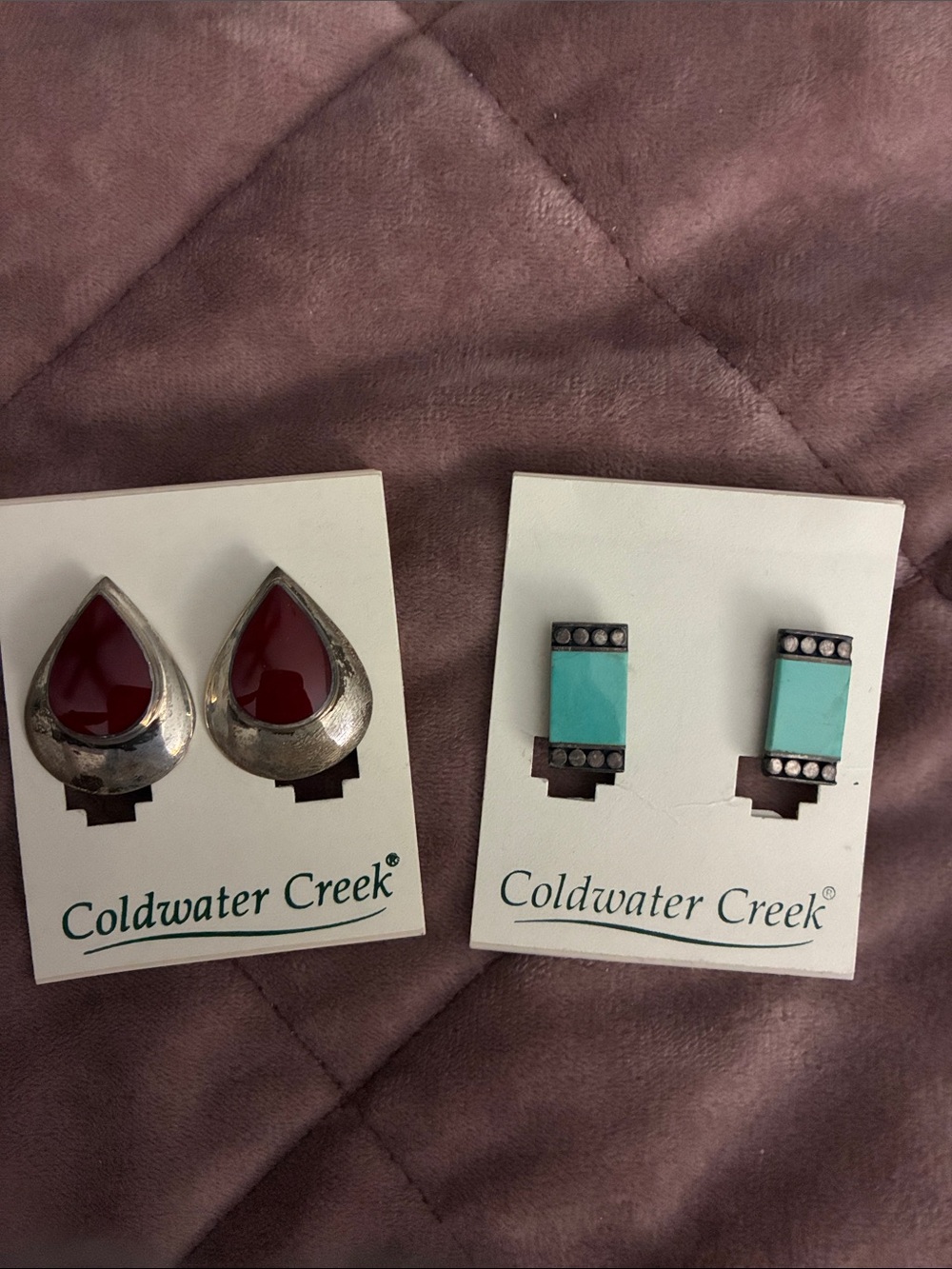 Coldwater Creek Teardrop Red & Rectangular Turquoise Clip On Earrings Set Vintag